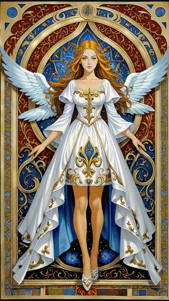 A resplendent ornate female angel, wearing white taffeta dress, tapestry background, by James C Christensen,art_booster