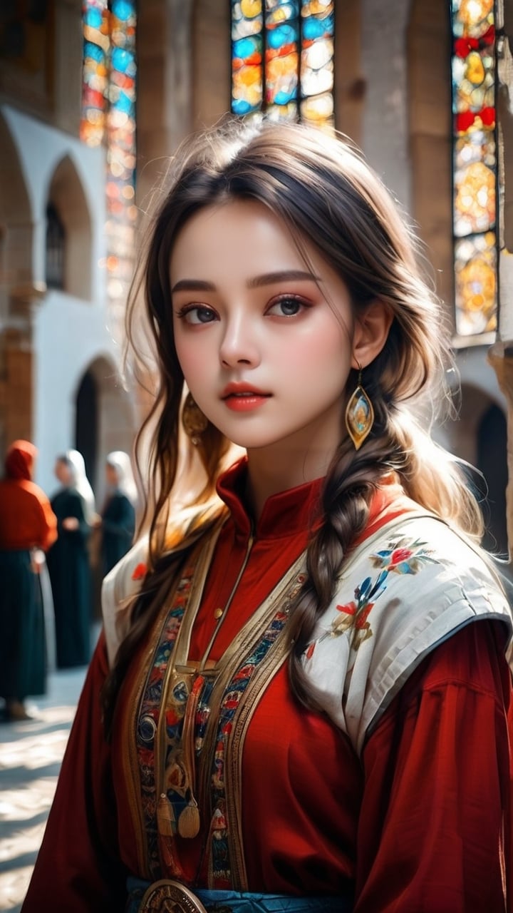 A Byzantine style girl in monastery. (masterpiece, top quality, best quality, official art, beautiful and aesthetic:1.2), (1girl:1.4), portrait, extreme detailed, highest detailed, simple background, 16k, high resolution, perfect dynamic composition, bokeh, (sharp focus:1.2), super wide angle, high angle, high color contrast, medium shot, depth of field, blurry background,,itacstl,3g3Kl0st3rXL