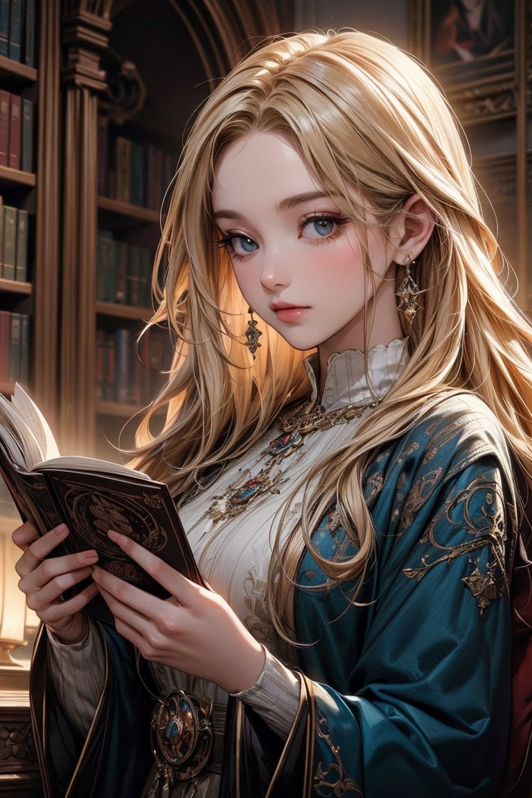 A beautiful witch reading a grimoire in an enchanting library, surrounded by mystical atmosphere and magical ambiance. (masterpiece, top quality, best quality, official art, beautiful and aesthetic:1.2), (1girl:1.4), upper body, blonde hair, portrait, extreme detailed, fantasy art, intricate arcane wiccan designs, centralasia