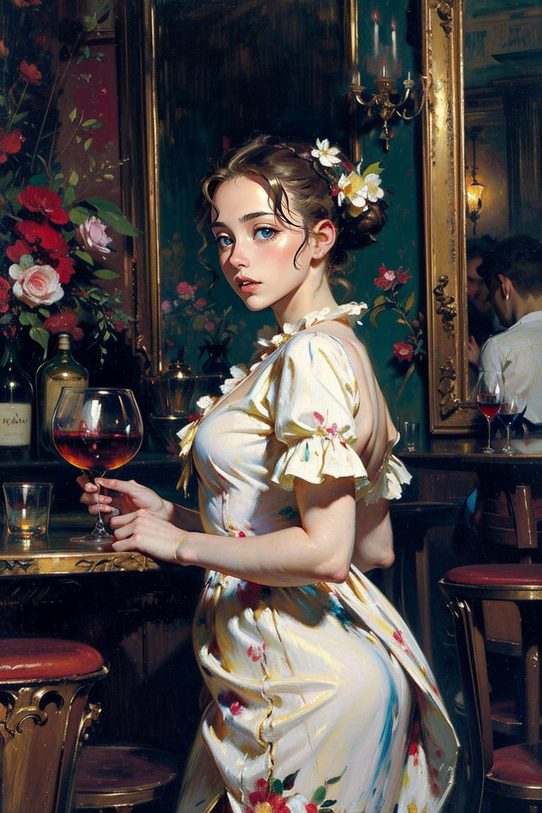 In a bustling Parisian bar with a bartender and patrons engaged in lively conversations, with reflections of the barmaid and the surrounding atmosphere in the mirrors behind. Capturing the essence of Manet's 'A Bar at the Folies-Bergeres' ,
(masterpiece, top quality, best quality, official art, beautiful and aesthetic:1.2), extreme detailed, highest detailed, ,Masterpiece,Color Booster