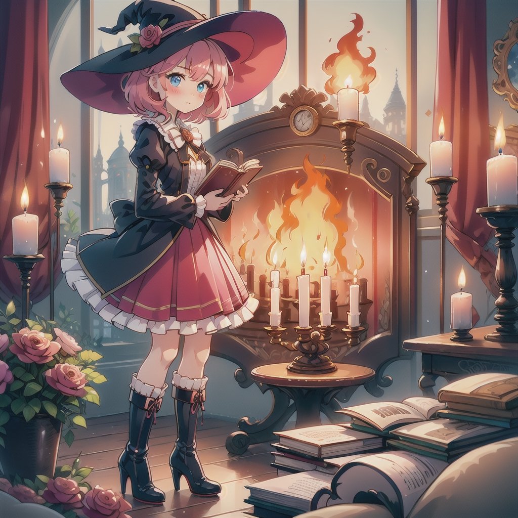 1girl, solo, looking at viewer, blush, short hair, bangs, blue eyes, skirt, long sleeves, hat, full body, pink hair, flower, boots, frills, puffy sleeves, indoors, black footwear, high heels, book, witch hat, rose, fire, red flower, high heel boots, pink skirt, witch, candle, book stack, candlestand,CrclWc