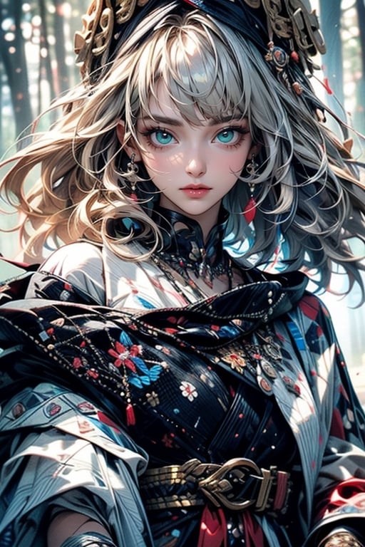 ((Enchanting)) forest scene, 1 girl, wearing attractive bard costume, flowing tunic with intricate embroidery, velvet cloak, scarf, wide belt with colorful ribbons and trinkets, leather boots. layered braid adorned with a glamorous scarf or headpiece, delicate, mysterious smile, wisdom and creativity, silver-white hair, short hair, straight line cut bangs, blunt bangs, extreme detailed, realistic, solo, beautifully detailed eyes, detailed fine nose, detailed fingers, head to thigh, (masterpiece, top quality, best quality, official art, beautiful and aesthetic:1.2),(1girl:1.4), navia, blonde hair, portrait,,extreme detailed,(colorful:1.3),highest detailed,(aristocracy:1.3), landscape,nodf_lora,xjrex,midjourney