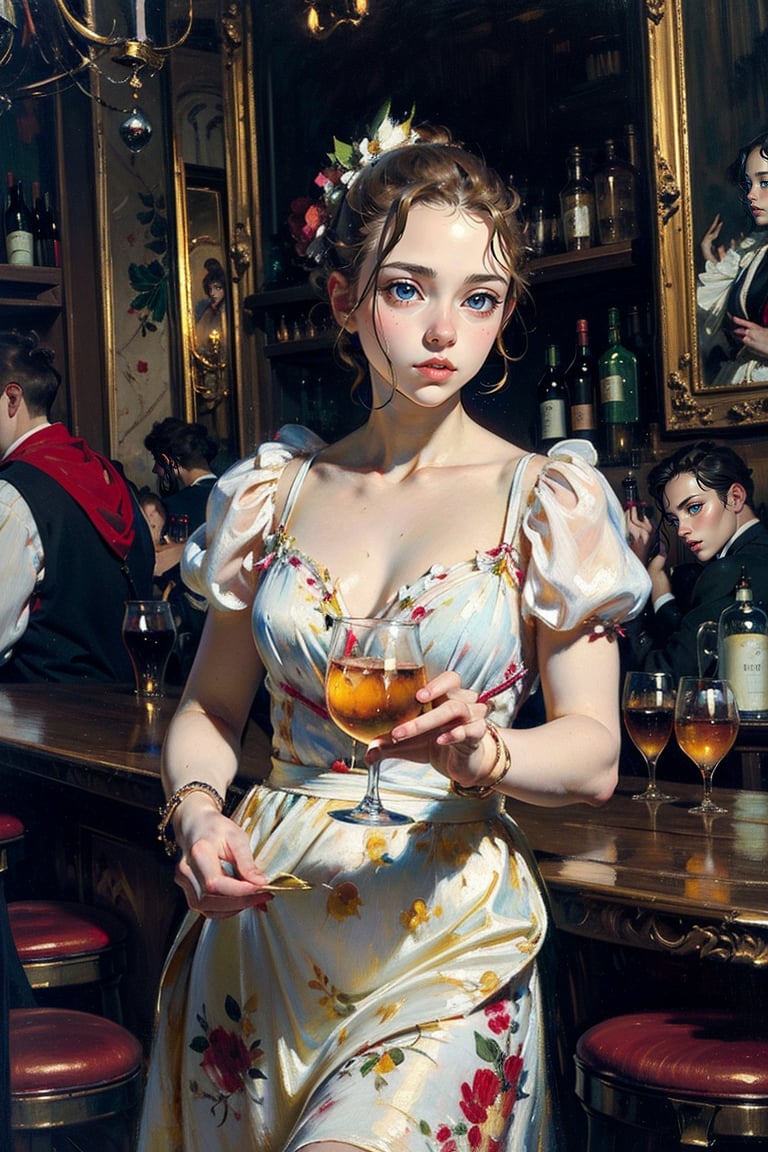 In a bustling Parisian bar with a bartender and patrons engaged in lively conversations, with reflections of the barmaid and the surrounding atmosphere in the mirrors behind. Capturing the essence of Manet's 'A Bar at the Folies-Bergeres' ,
(masterpiece, top quality, best quality, official art, beautiful and aesthetic:1.2), extreme detailed, highest detailed, ,Masterpiece,Color Booster