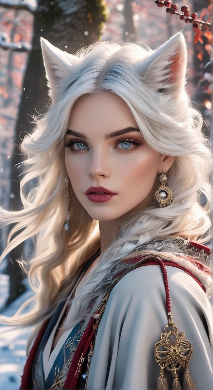 A fierce female warrior fighting in a snowy forest, in Medieval cloak, fur trimmed cloak, long hair, looking at viewer, blue eyes, simple background, (hair ornament), gem, tassel, hair between eyes, jewelry, upper body, earrings, lips, fur trim, eyelashes, portrait, beads, emo, (sharp eyes:1.4), (rebellious:1.4), (fierce:1.4), (standing: 1.2), silver-white hair, Gothic make-up, tough, wild. Kyoto Animation stylized anime, cinematic Lighting, ethereal light, intricate details, extremely detailed, incredible details, full colored, complex details, insanely detailed and intricate, hyper maximalist, gorgeous light and shadow, detailed decoration, detailed lines. Masterpiece, best quality, aerial view, HDR, UHD, unreal engine. looking at the camera, dark Fantasy background, representative, fair skin, beautiful face,A beautiful girl, blonde hair, dynamic character, detailed exquisite face, bold high quality, high contrast,art_booster,DonMS4kur4XL