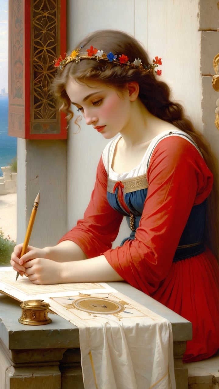 (masterpiece, top quality, best quality, official art, beautiful and aesthetic:1.2), (1girl:1.4), extreme detailed, A female astrologer transcribing information,  by William-Adolphe Bouguereau and Gustave Moreau,art_booster