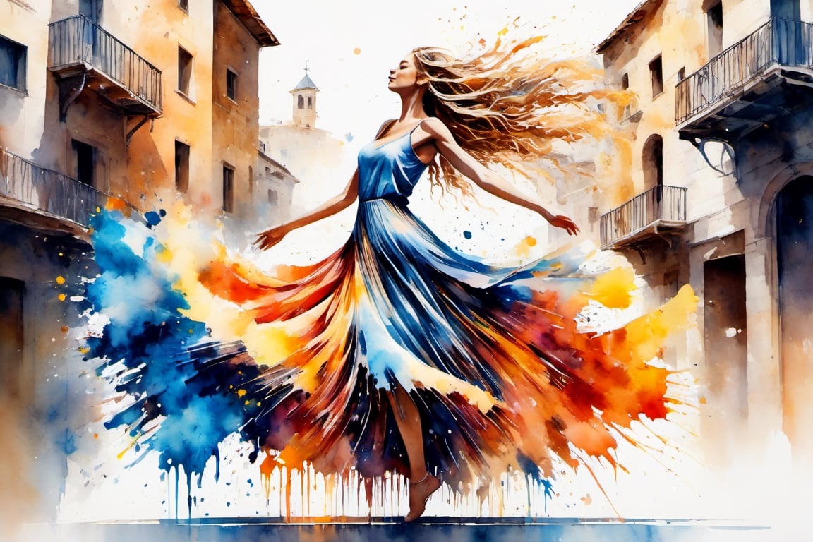 A watercolor-rendered pen sketch featuring splatter art, chaotic rendering, and a post-apocalyptic vibe. A Bohemian maiden dancing in the town square, her long hair and flowing skirt swaying with her graceful movements, exuding beauty and allure. The background depicts a town square at dawn, with three-dimensional lighting effects and backlighting, masterpiece. Made in canvas, ultra realistic, dripping paint, skirt made entirely of coloured paint and splattered with paint, abstract, dancing, spinning pose, dynamic pose, dancing pose,liquid dress,liquid dress,oil paint