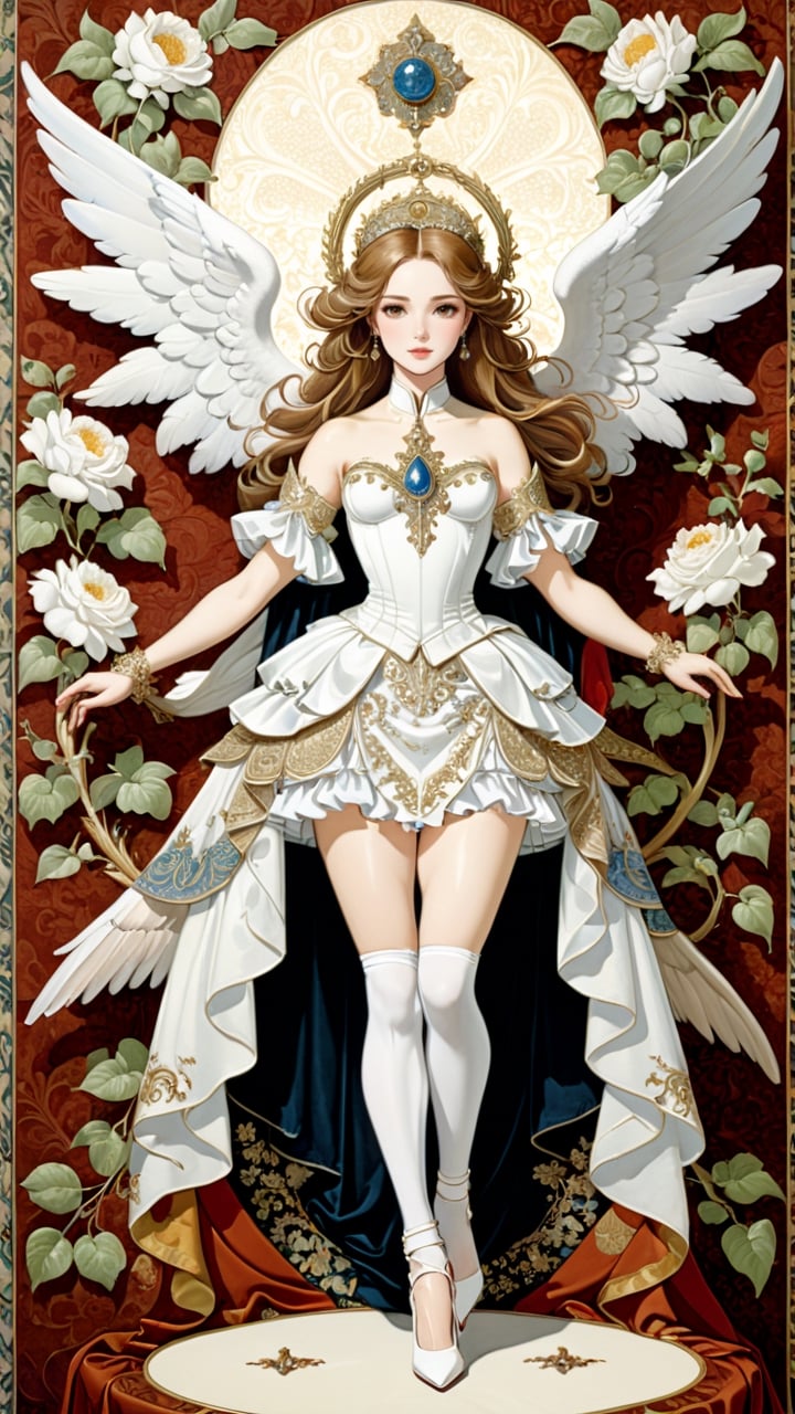 A resplendent ornate female angel, wearing white taffeta and high heel shoes, tapestry background, by James C Christensen 