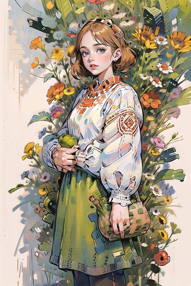 A medieval girl in traditional dress, vegetables and fruits, at a farmer's market, mysterious medieval, masterpiece,High detailed,watercolor,simplecats,ukrainian dress