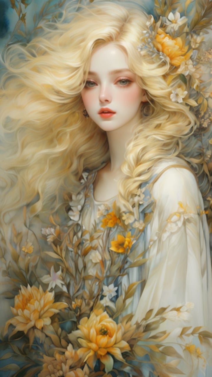 masterpiece, top quality, best quality, official art, beautiful and aesthetic:1.2), extreme detailed. 1 girl, long blonde hair, flowers and leaves entwined within her tresses, shades of white and yellow, wearing white top, ruffled detailing, embroidered pastel color floral chest motif, sleeves billowing at shoulders, tapering to wrists, hands clasped, soft and delicate aesthetic, intricate details in hair and clothing, light-hued background, subject focused, digital painting,more detail XL,watercolor \(medium\), in the style of esao andrews,