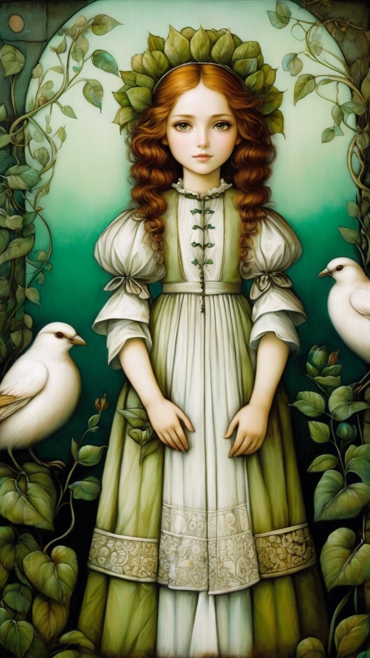 A protrait, resplendent ornate girl in the garden, wearing light green and white folk dress, by Leonardo da Vinci, in the style of esao andrews