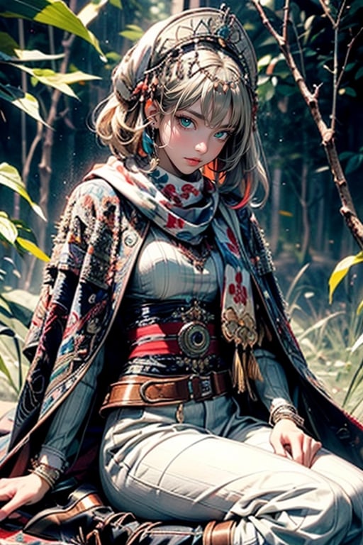 ((Enchanting)) forest scene, 1 girl, wearing attractive bard costume, flowing tunic with intricate embroidery, velvet cloak, scarf, wide belt with colorful ribbons and trinkets, leather boots. layered braid adorned with a glamorous scarf or headpiece, delicate, mysterious smile, wisdom and creativity, silver-white hair, short hair, straight line cut bangs, blunt bangs, extreme detailed, realistic, solo, beautifully detailed eyes, detailed fine nose, detailed fingers, head to thigh, (masterpiece, top quality, best quality, official art, beautiful and aesthetic:1.2),(1girl:1.4), navia, blonde hair, portrait,,extreme detailed,(colorful:1.3),highest detailed,(aristocracy:1.3), landscape,nodf_lora,xjrex,midjourney,centralasia