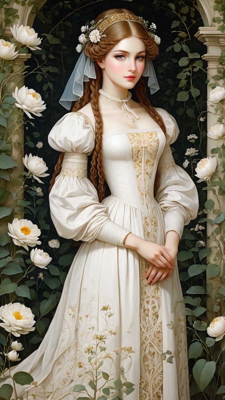 A protrait, resplendent ornate girl in the garden, wearing white folk dress, by Leonardo da Vinci, 