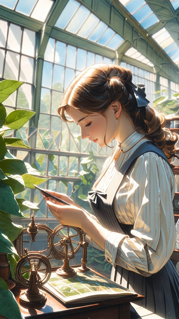 (masterpiece, top quality, best quality, official art, beautiful and aesthetic:1.2), (1girl:1.4), extreme detailed, A Victorian-era female naturalist, carefully examines specimens in her hands in a sunlit large greenhouse. Her expression reflects a blend of fascination and scholarly focus as she documents the intricacies of the natural world.,watercolor \(medium\),
