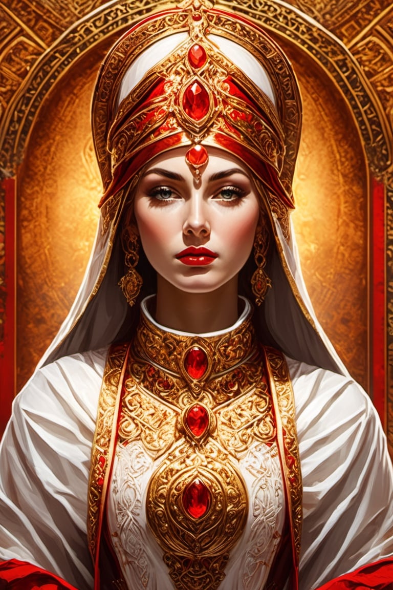 A Byzantine style priestess, red and white clothes, gold details. head to thigh, (masterpiece, top quality, best quality, official art, beautiful and aesthetic:1.2), (1girl:1.4), portrait, extreme detailed, highest detailed, simple background, 16k, high resolution, perfect dynamic composition, (sharp focus:1.2), super wide angle, high angle, high color contrast, medium shot, depth of field, blurry background, head to thigh,