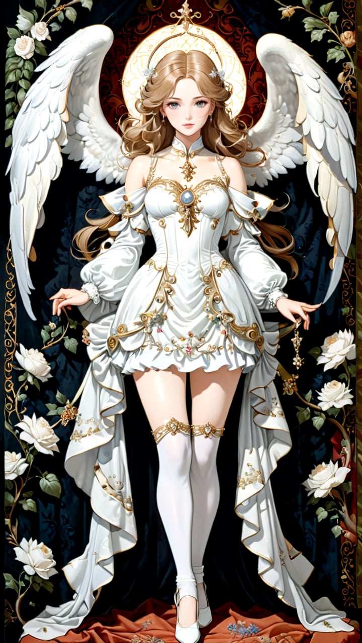 James C Christensen full body standing resplendent ornate female angel, wearing white taffeta and high heel shoes, tapestry background,more detail XL