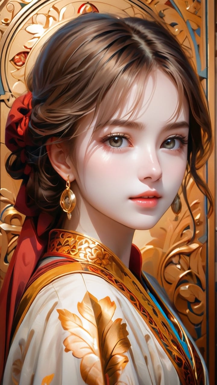 A portrait of a Byzantine style girl with golden background. (masterpiece, top quality, best quality, official art, beautiful and aesthetic:1.2), (1girl:1.4), portrait, extreme detailed, highest detailed, simple background, 16k, high resolution, perfect dynamic composition, bokeh, (sharp focus:1.2), super wide angle, high angle, high color contrast, medium shot, depth of field, blurry background,,itacstl