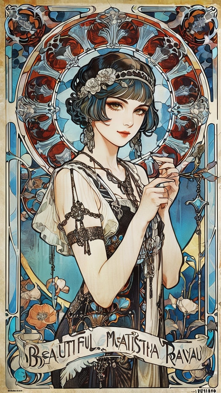 A poster of a flapper girl, (masterpiece, top quality, best quality, official art, beautiful and aesthetic:1.2),emo, art nouveau