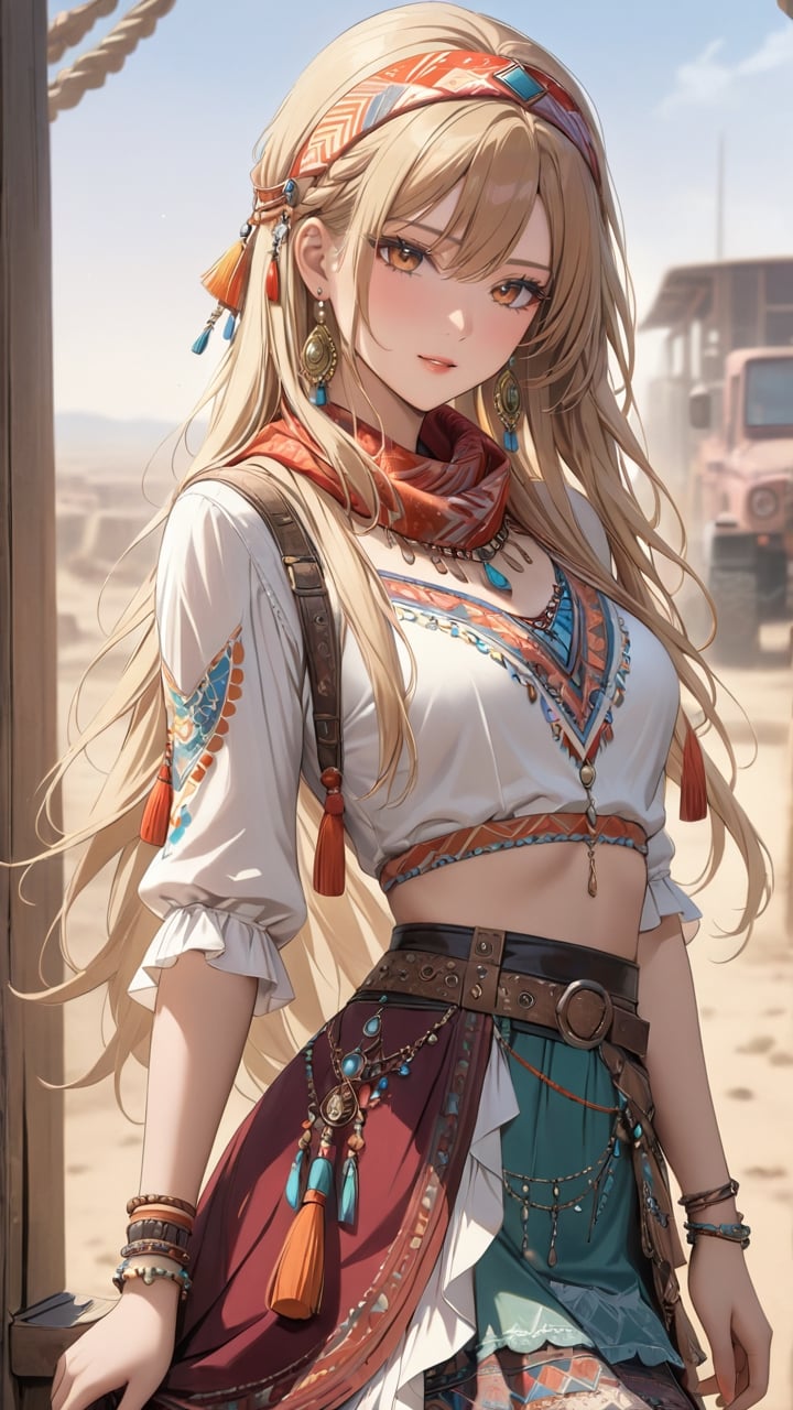 A stunning young woman dressed in Bohemian-style attire, (long straight hair:1.4), adorned with soft fabrics, white lace shirt, ethnic pattern prints layered skirt, bracelets, tassels, headbands, belts, and leather accents, exuding a free-spirited charm. (masterpiece, top quality, best quality, official art, beautiful and aesthetic:1.2), (1girl:1.4), blonde hair, portrait, extreme detailed, highest detailed, depth of field. full body shot, layered jewelry, headscarve, wasteland style,