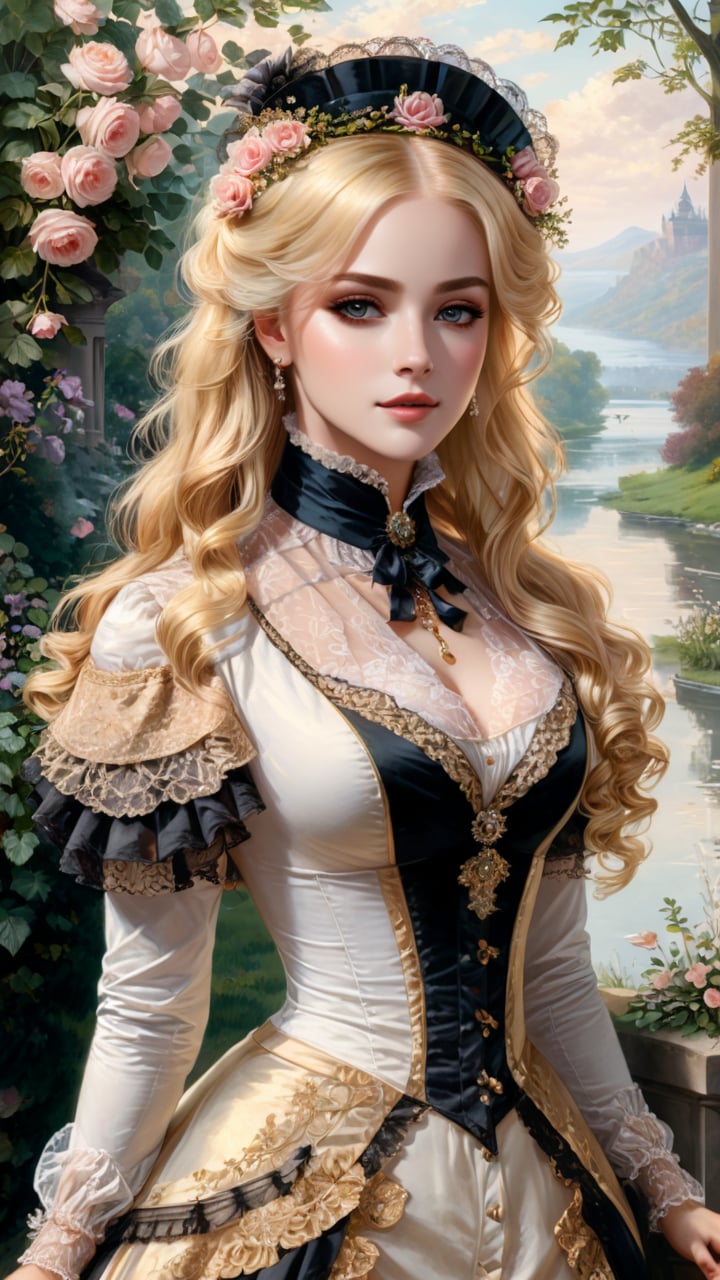 A girl in the Victorian era, outdoor, (masterpiece, top quality, best quality, official art, beautiful and aesthetic:1.2), (1girl:1.4), blonde hair, portrait, extreme detailed, highest detailed,glitter