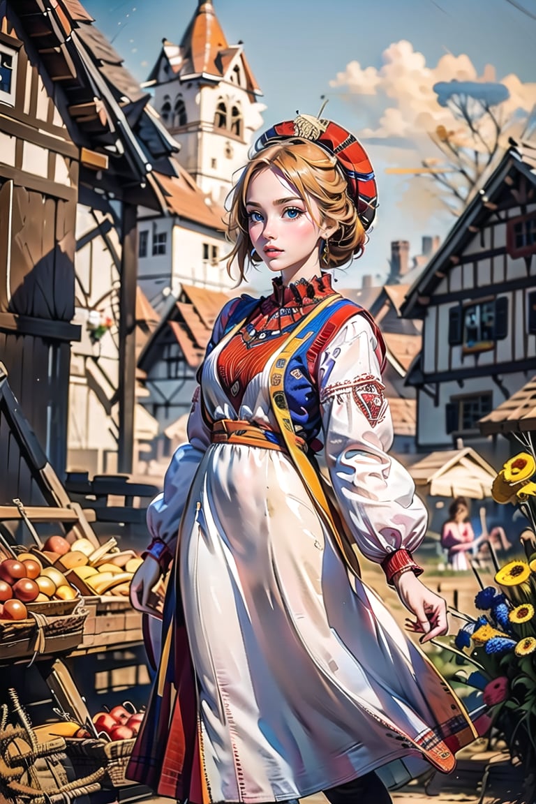 A medieval girl in traditional dress, vegetables and fruits, at a farmer's market, mysterious medieval, masterpiece,High detailed,CrclWc,Detail,Half-timbered Construction,INK art,ukrainian dress