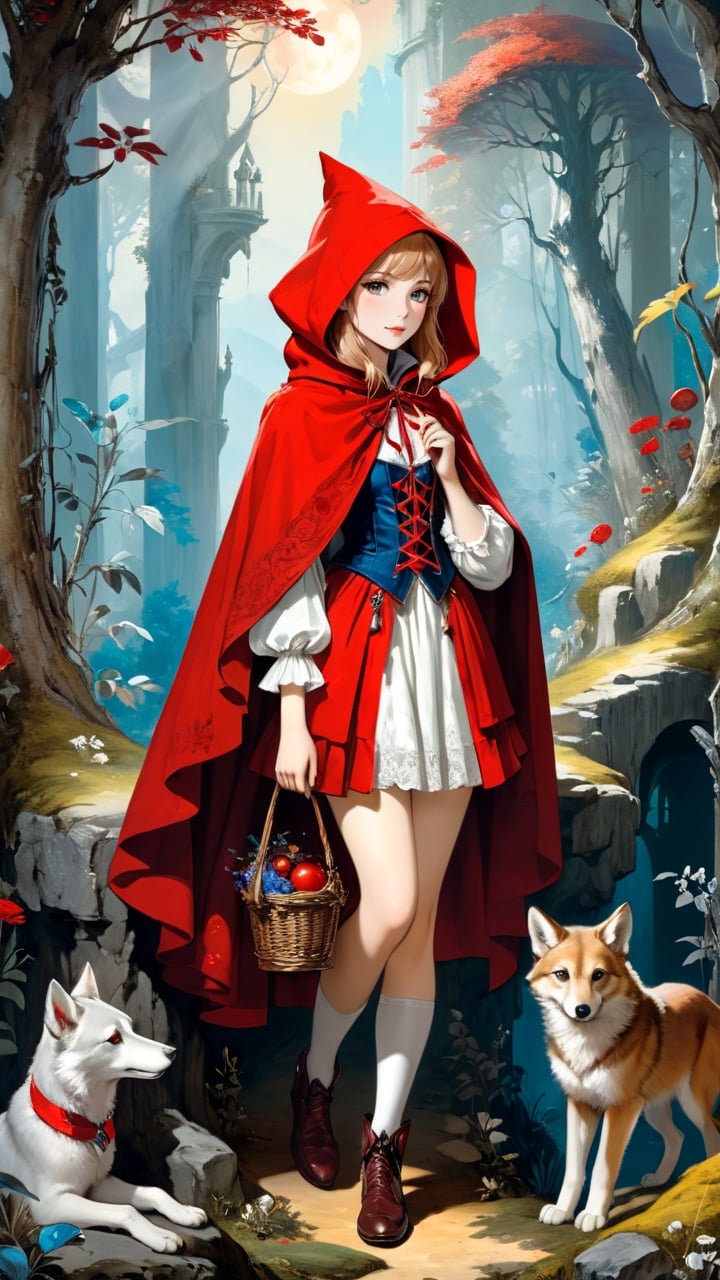 (1 girl:1.2), 'Little Red Riding Hood', Grimm's fairy tale and the Renaissance by Gustave Moreau, maximalism luxury and vibrant, daytime, outdoor, landscape, pastel colors, smooth and beautiful lines, ultra-realistic, fine textures and rich details, colorful,
,more detail XL