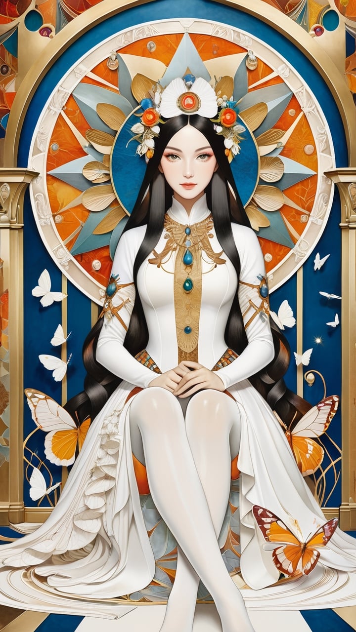 (1 girl:1.2), Grimm's fairy tale and the Renaissance by bosch, maximalism luxury and vibrant, gold and white, smooth and beautiful lines, white art nouveau background, ultra-realistic girls with fine textures and rich details of paper sculpture art, depth of three-dimensional sense, colorful, the image has a mysterious, extremely luminous and bright design, 