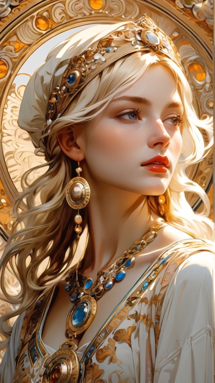 (Byzantine Heads: Blonde) by Mucha: a blonde hair girl wears a white scarf in her hair embellished with jewels and an ornate metal disk fringed with pearls. (masterpiece, top quality, best quality, official art, beautiful and aesthetic:1.2), (1girl:1.4), portrait, extreme detailed, highest detailed, simple background, 16k, high resolution, perfect dynamic composition, bokeh, (sharp focus:1.2), super wide angle, high angle, high color contrast, medium shot, depth of field, blurry background