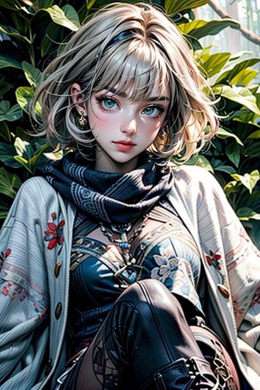 ((Enchanting)) forest scene, 1 girl, wearing attractive bard costume, flowing tunic with intricate embroidery, velvet cloak, scarf, wide belt with colorful ribbons and trinkets, leather boots. layered braid adorned with a glamorous scarf or headpiece, delicate, mysterious smile, wisdom and creativity, silver-white hair, short hair, straight line cut bangs, blunt bangs, extreme detailed, realistic, solo, beautifully detailed eyes, detailed fine nose, detailed fingers, head to thigh, (masterpiece, top quality, best quality, official art, beautiful and aesthetic:1.2),(1girl:1.4), navia, blonde hair, portrait,,extreme detailed,(colorful:1.3),highest detailed,(aristocracy:1.3), landscape,FFIXBG