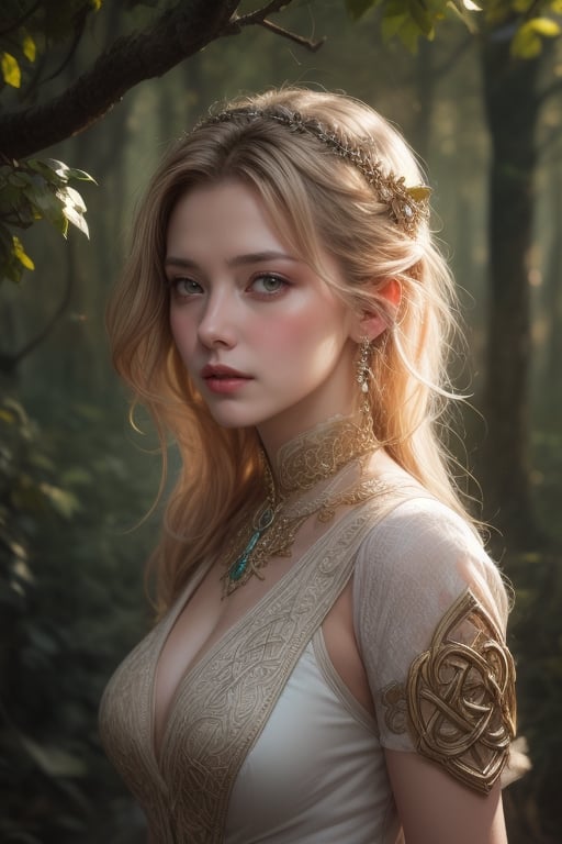 (Dreamlike celtic girl in the foreground:1.2), (ancient forest canopy:1.2), (masterpiece, top quality, best quality, official art, beautiful and aesthetic:1.2), (1girl:1.4), (wearing white goddess dress trimmed with celtic symbols:1.2), ornate, intricate, goddess, charming, blonde hair, portrait, extreme detailed, highest detailed, aristocracy, (RAW photo, best quality), (realistic, photo-Realistic:1.1), 16K, (HDR:1.2), high contrast, (vibrant color:1.3), (muted colors, dim colors, soothing tones:0), cinematic lighting, ambient lighting, sidelighting, Exquisite details and textures, cinematic shot, warm tone, (Bright and intense:1.1), wide shot, by xm887, ultra realistic illustration, siena natural ratio, head to thigh portrait, bubbling creek, magical, surreal, golden hour, dreamlike atmosphere, vibrant colors, fantasy painting,celtic knots, 