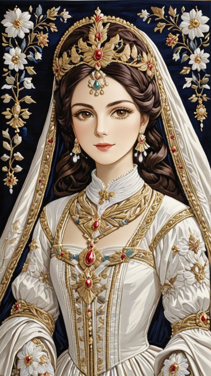 A protrait, resplendent ornate girl, wearing white taffeta dress, 