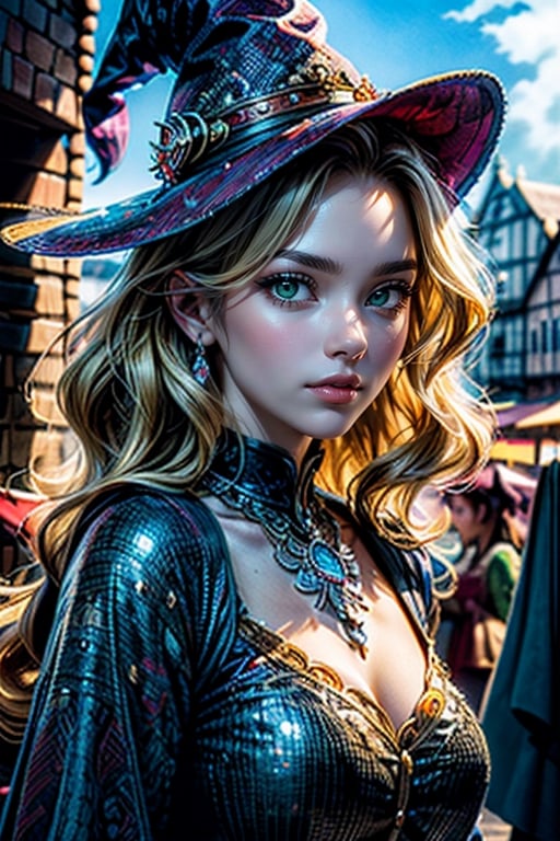 (masterpiece, top quality, best quality, official art, beautiful and aesthetic:1.2), (1girl:1.4), upper body, blonde hair, portrait, extreme detailed, highest detailed, dynamic pose, head to thigh portrait, (beautiful, sensual witch with wavy hair), (medieval fantasy, bustling town square), wide shot, ,1 girl,Studio Ghibli