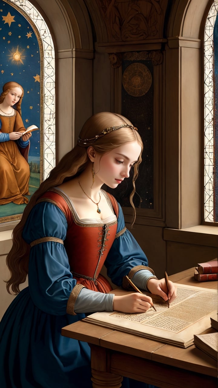 (masterpiece, top quality, best quality, official art, beautiful and aesthetic:1.2), (1girl:1.4), extreme detailed, A female astrologer transcribing information, (medieval manuscript style) mixed with Leonardo da Vinci's painting style,