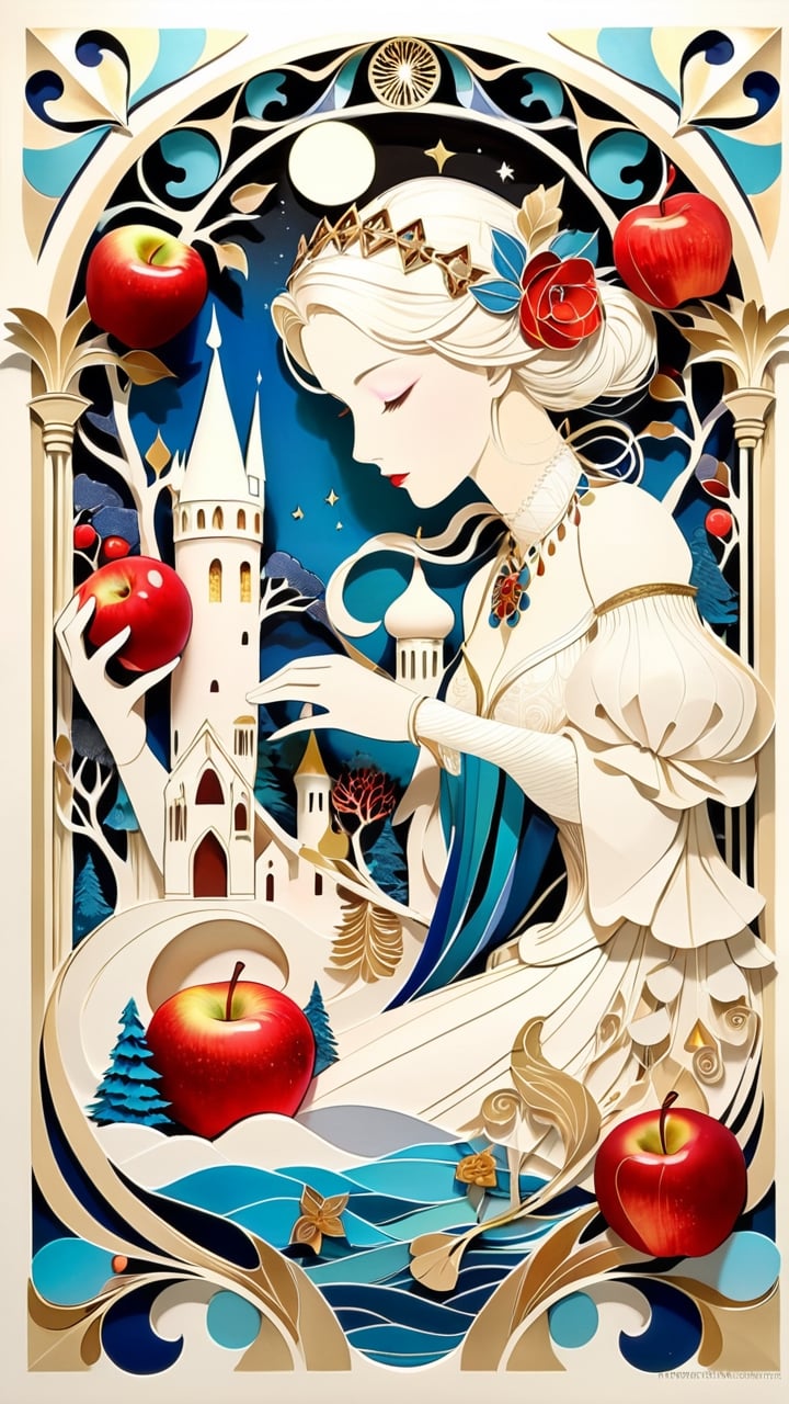 (1 girl:1.2), Snow White with red apple, Grimm's fairy tale and the Renaissance by bosch, maximalism luxury and vibrant, gold and white and red, upper body, smooth and beautiful lines, pastel color art nouveau background, ultra-realistic, fine textures and rich details of paper sculpture art, depth of three-dimensional sense, colorful, the image has a mysterious, extremely luminous and bright design, papercut