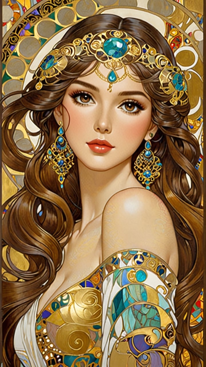 A beautiful girl, brunette hair, dynamic character, detailed exquisite face, bold high quality, high contrast, patchwork, vibrant colors, looking at viewer, complex background, intricate gold patterns, swirling motifs, (Gustav Klimt and Mucha style artwork),art_booster