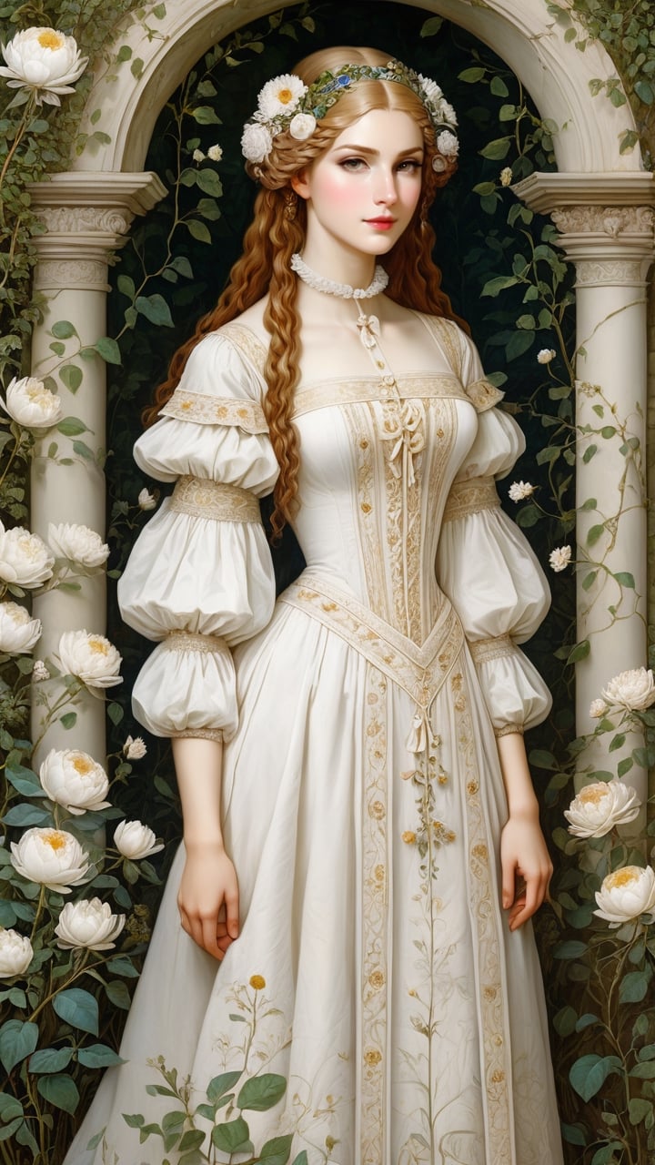 A protrait, resplendent ornate girl in the garden, wearing white folk dress, by Leonardo da Vinci, 