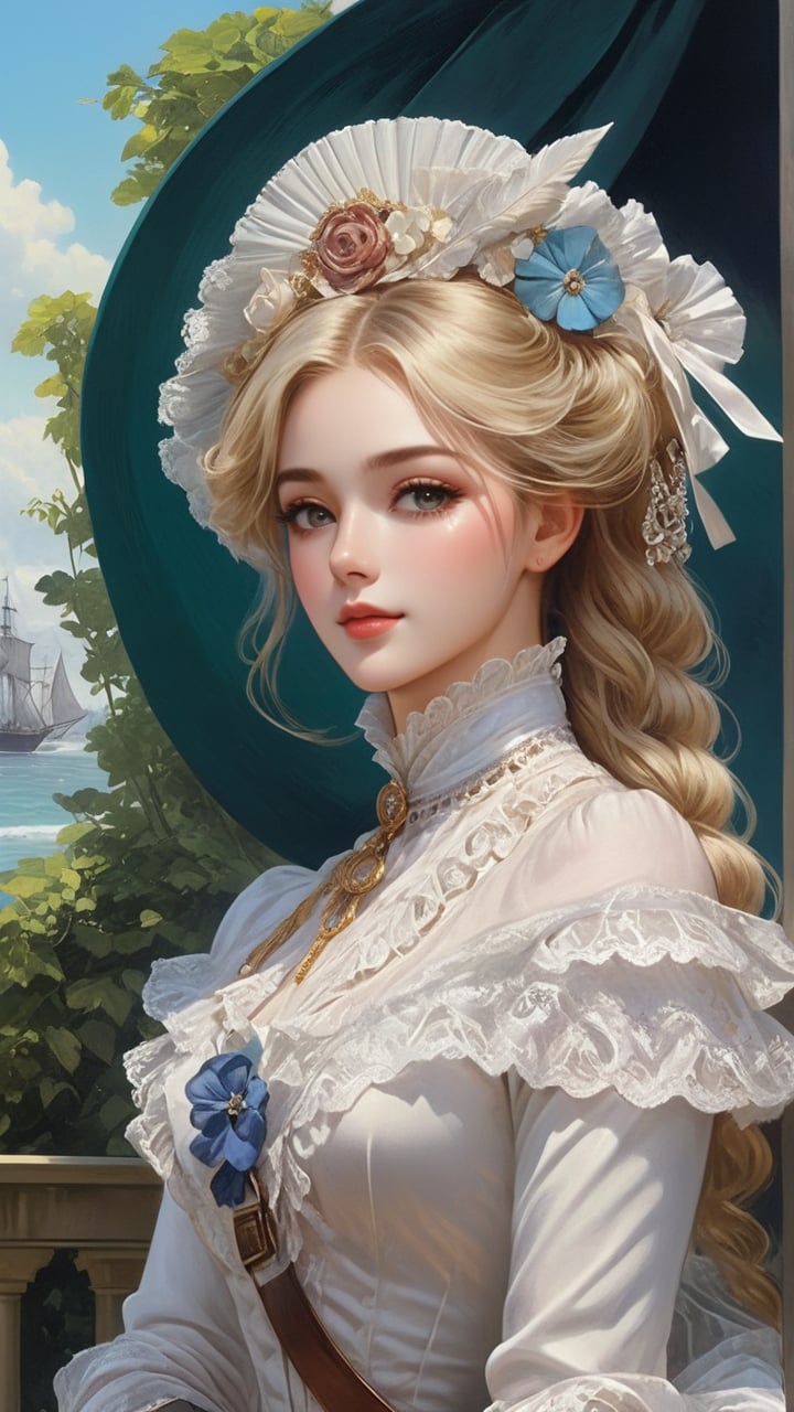 A girl in the Victorian era, outdoor, (masterpiece, top quality, best quality, official art, beautiful and aesthetic:1.2), (1girl:1.4), blonde hair, portrait, extreme detailed, highest detailed, colorful,More Reasonable Details,hubggirl