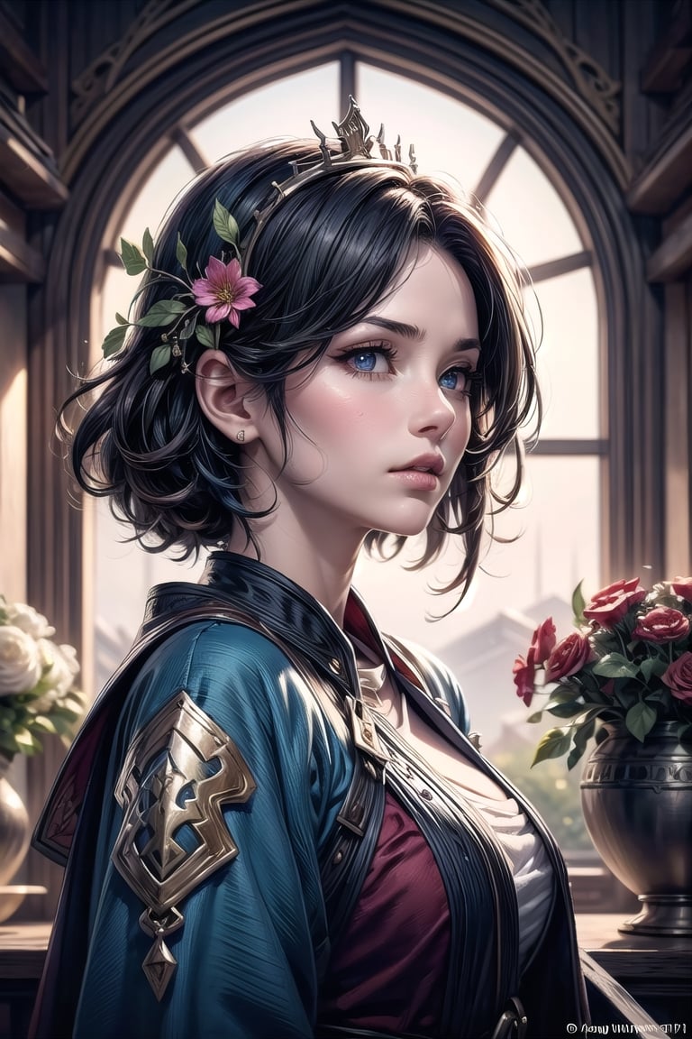 1 girl, flowers, outdoor, sky, extreme detailed, realistic, solo, official art, extremely detailed, extreme realistic, beautifully detailed eyes, detailed fine nose, detailed fingers. Art Nouveau,vane /(granblue fantasy/),CrclWc,centralasia,FOLK,perfect light,wrenchftmfshn,Nico,YAMATO,Blue hair