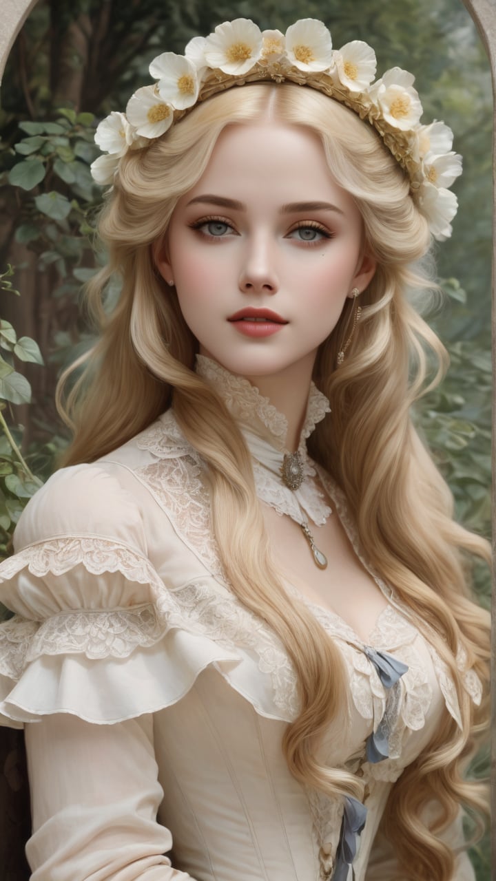 A girl in the Victorian era, outdoor, (masterpiece, top quality, best quality, official art, beautiful and aesthetic:1.2), (1girl:1.4), blonde hair, portrait, extreme detailed, highest detailed,hubggirl, art nouveau