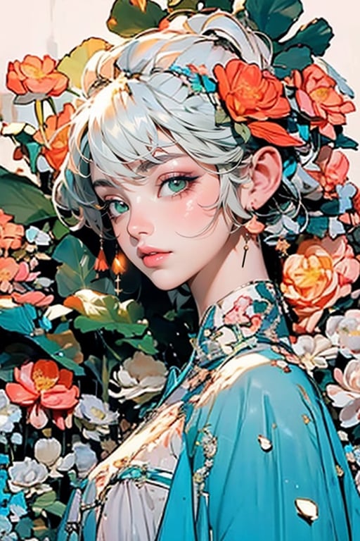 anime delicate detailed concept art, masterpiece, ultra realistic illustration, ultra hires, ultra highres, BREAK woman, sparkling beautiful eyes, blue eyes, silver hair, flat bangs, flower dress, colorful, vibrant colors, darl background, green theme, beautiful colorful flowers backgrounds, exposure blend, medium shot, bokeh, close up shot, face focused, f/3.5, 18mm, (hdr:1.4), high contrast, (cinematic, teal and orange:0.85), (muted colors, dim colors, soothing tones:1.3), low angle saturation,from below, looking away, Shinkai makoto, //Lighting atmospheric lighting, volumetric lighting, light_particles, soft light, soft shadow, fine detailed, volumetric top lighting,hanfuandflower,yu fuhua