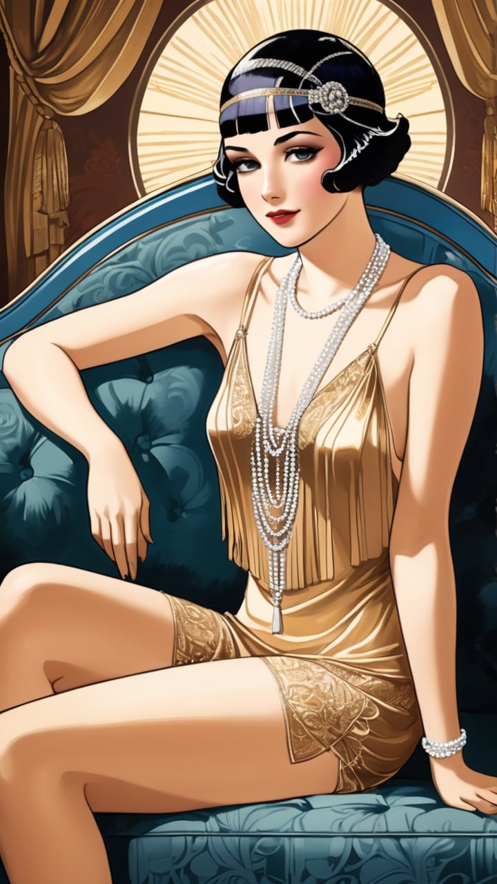 A protrait, sexy flapper girl, posing on the chaise lounge, (masterpiece, top quality, best quality, official art, beautiful and aesthetic:1.2),more detail XL
