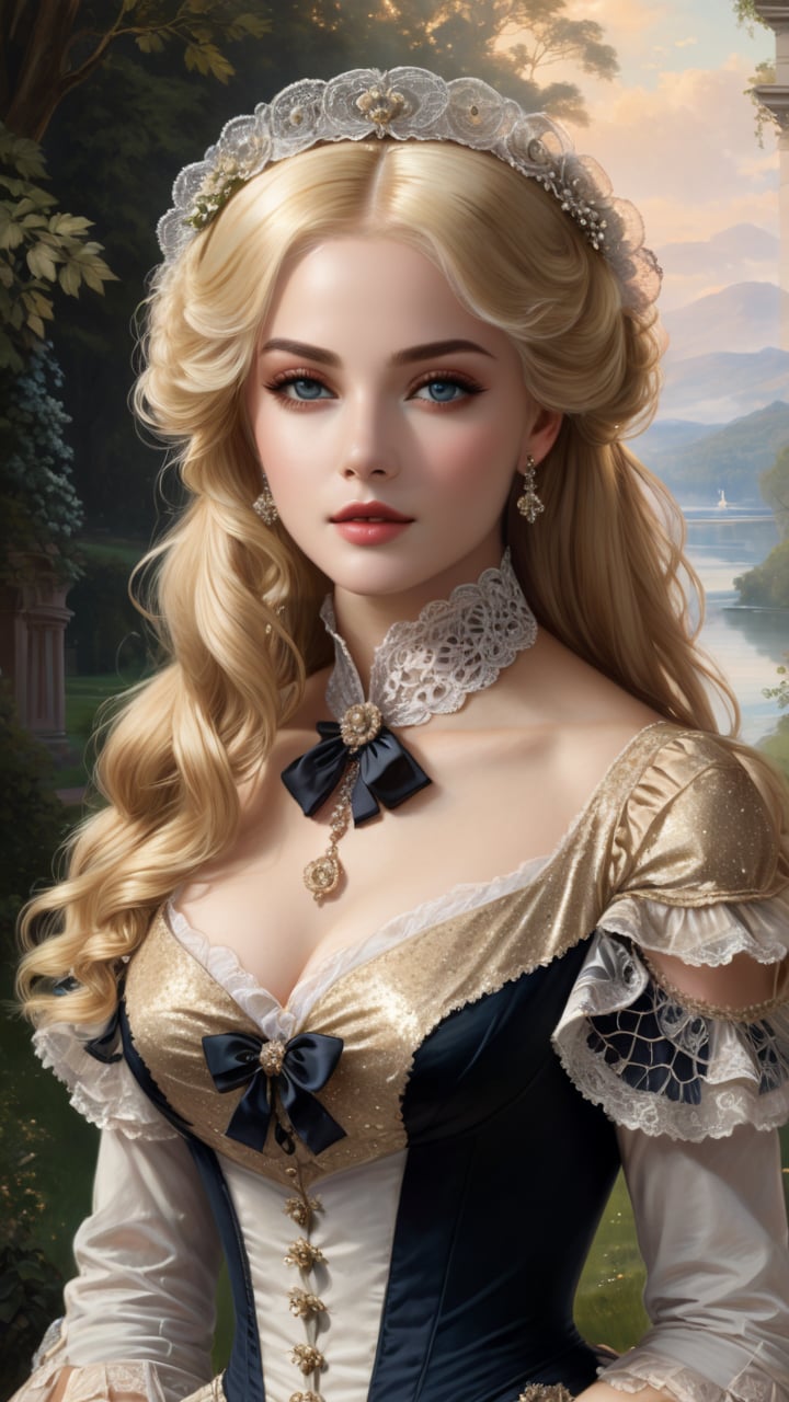 A girl in the Victorian era, outdoor, (masterpiece, top quality, best quality, official art, beautiful and aesthetic:1.2), (1girl:1.4), blonde hair, portrait, extreme detailed, highest detailed,glitter