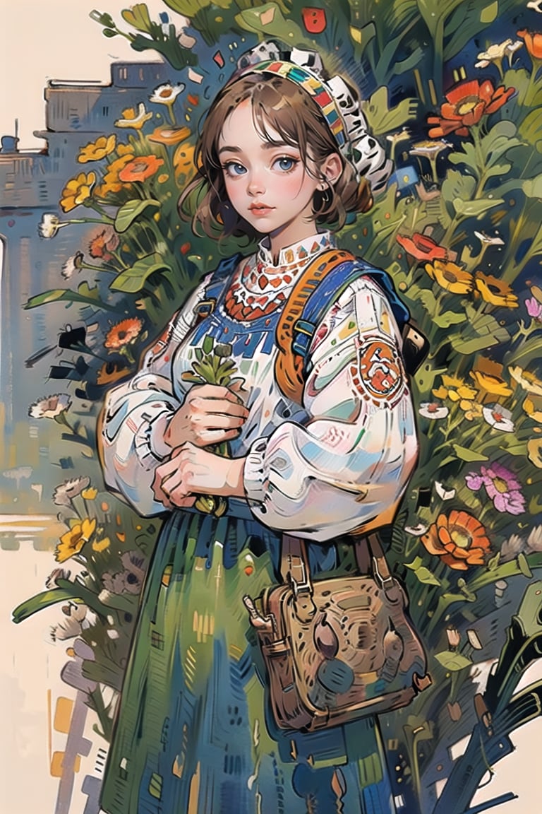 A medieval girl in traditional dress, vegetables and fruits, at a farmer's market, mysterious medieval, masterpiece,High detailed,watercolor,simplecats,ukrainian dress