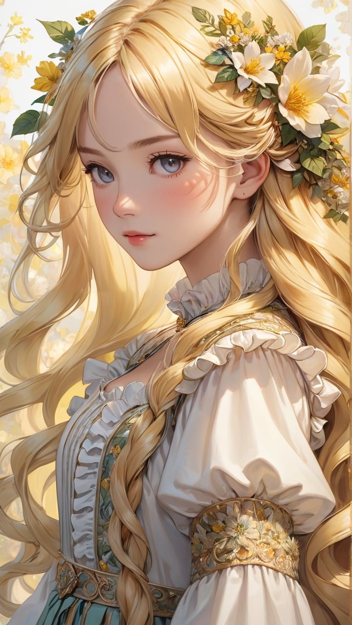 masterpiece, top quality, best quality, official art, beautiful and aesthetic:1.2), extreme detailed. 1 girl, long blonde hair, flowers and leaves entwined within her tresses, shades of white and yellow, wearing white top, ruffled detailing, embroidered pastel color floral chest motif, sleeves billowing at shoulders, tapering to wrists, hands clasped, soft and delicate aesthetic, intricate details in hair and clothing, light-hued background, subject focused, digital painting