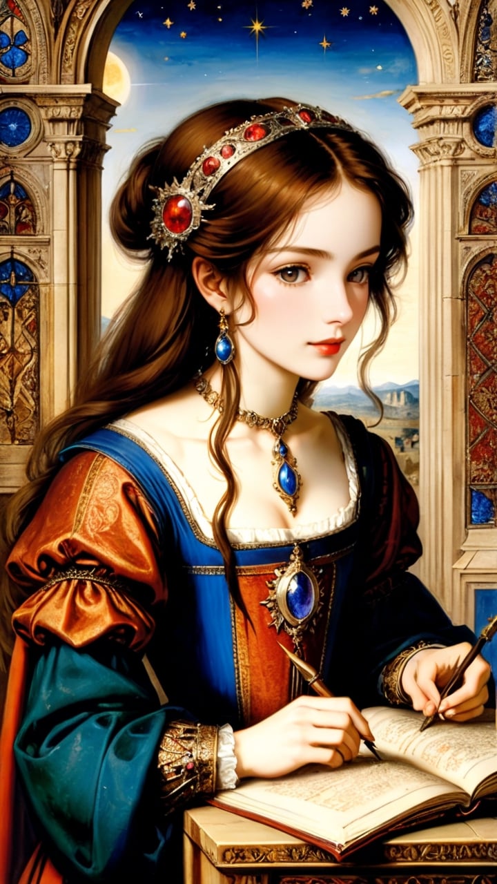 (masterpiece, top quality, best quality, official art, beautiful and aesthetic:1.2), (1girl:1.4), extreme detailed, A female astrologer transcribing information, (medieval manuscript style) mixed with Gustave Moreau's painting style,