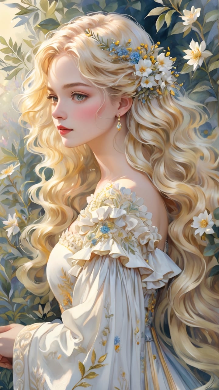 masterpiece, top quality, best quality, official art, beautiful and aesthetic:1.2), extreme detailed. 1 girl, long blonde hair, flowers and leaves entwined within her tresses, shades of white and yellow, wearing white top, ruffled detailing, embroidered pastel color floral chest motif, sleeves billowing at shoulders, tapering to wrists, hands clasped, soft and delicate aesthetic, intricate details in hair and clothing, light-hued background, subject focused, digital painting,watercolor \(medium\)