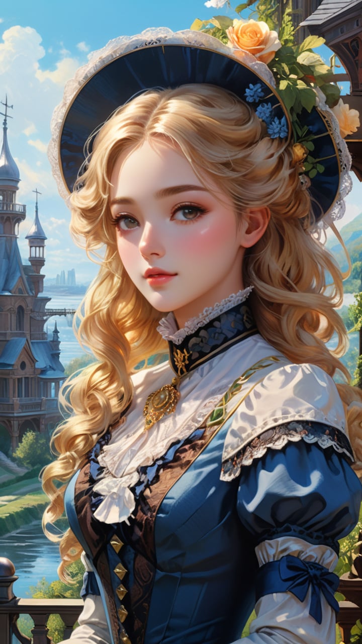 A girl in the Victorian era, outdoor, (masterpiece, top quality, best quality, official art, beautiful and aesthetic:1.2), (1girl:1.4), blonde hair, portrait, extreme detailed, highest detailed, colorful,
