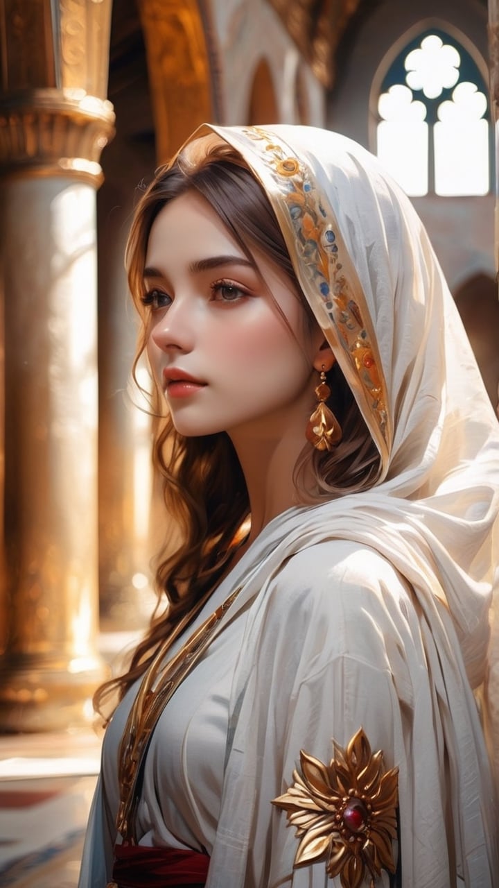 A Byzantine style girl in monastery, white head-cloths and veils. (masterpiece, top quality, best quality, official art, beautiful and aesthetic:1.2), (1girl:1.4), portrait, extreme detailed, highest detailed, simple background, 16k, high resolution, perfect dynamic composition, bokeh, (sharp focus:1.2), super wide angle, high angle, high color contrast, medium shot, depth of field, blurry background