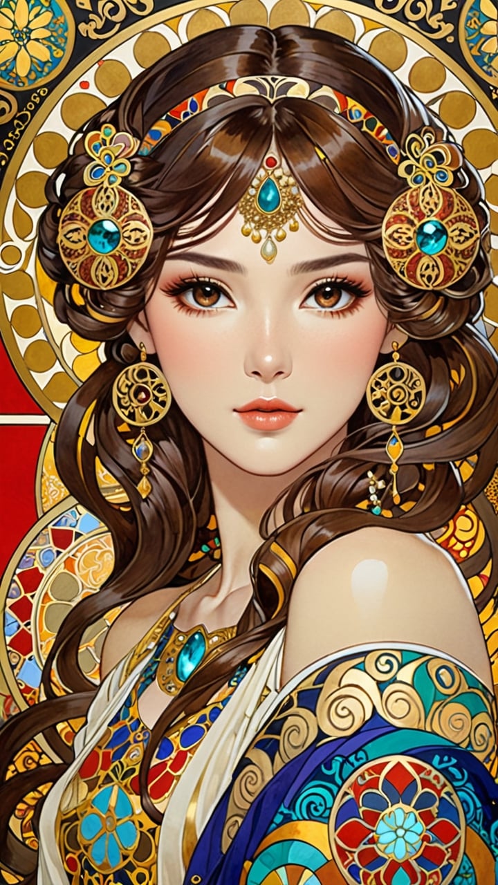 A beautiful girl, brunette hair, dynamic character, detailed exquisite face, bold high quality, high contrast, patchwork, vibrant colors, looking at viewer, complex background, intricate gold patterns, swirling motifs, (Gustav Klimt and Mucha style artwork),art_booster