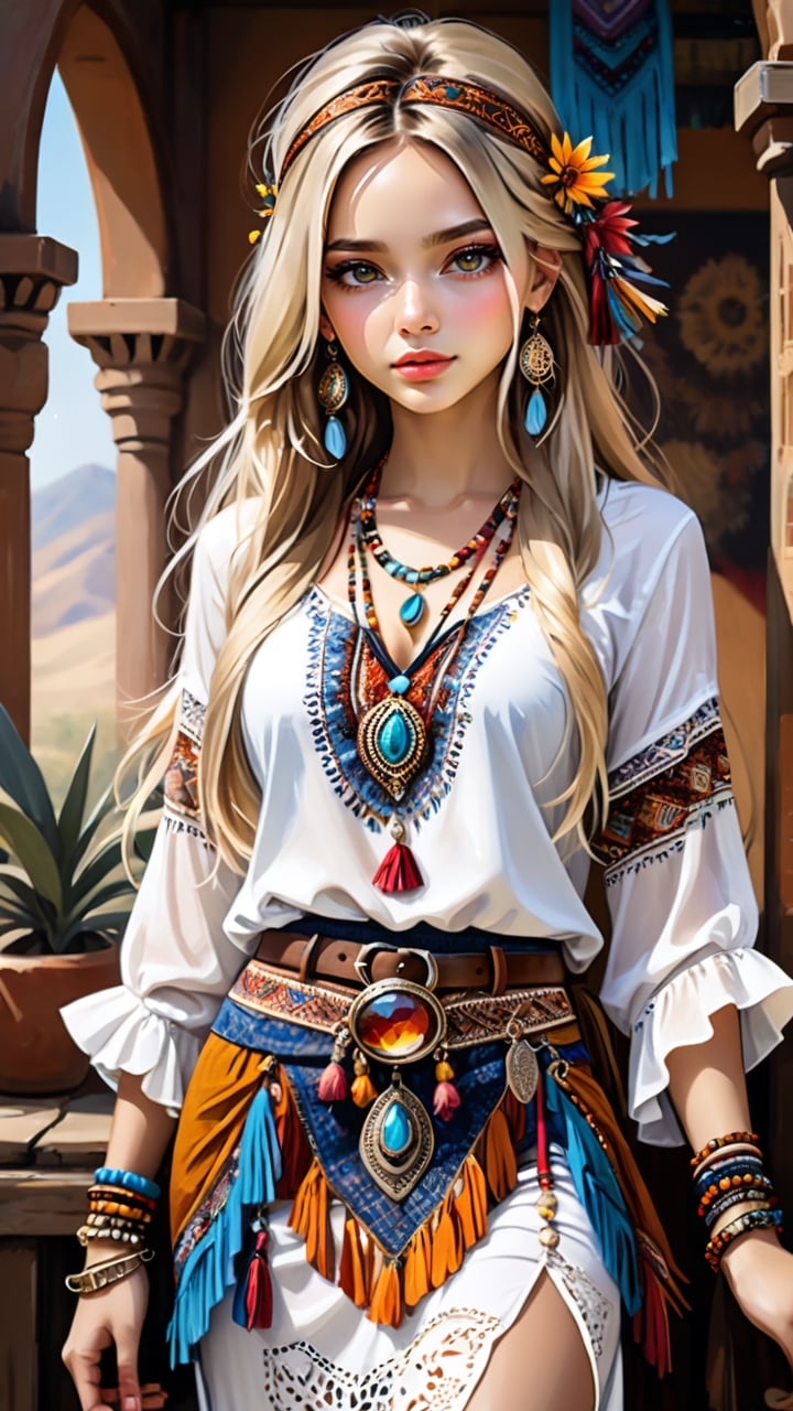 A stunning young woman dressed in Bohemian-style attire, (long straight hair:1.4), adorned with soft fabrics, white lace shirt, ethnic pattern prints layered skirt, bracelets, tassels, headbands, belts, and leather accents, exuding a free-spirited charm. (masterpiece, top quality, best quality, official art, beautiful and aesthetic:1.2), (1girl:1.4), blonde hair, portrait, extreme detailed, highest detailed, depth of field. full body shot, layered jewelry, headscarve, ,more detail XL,colorful