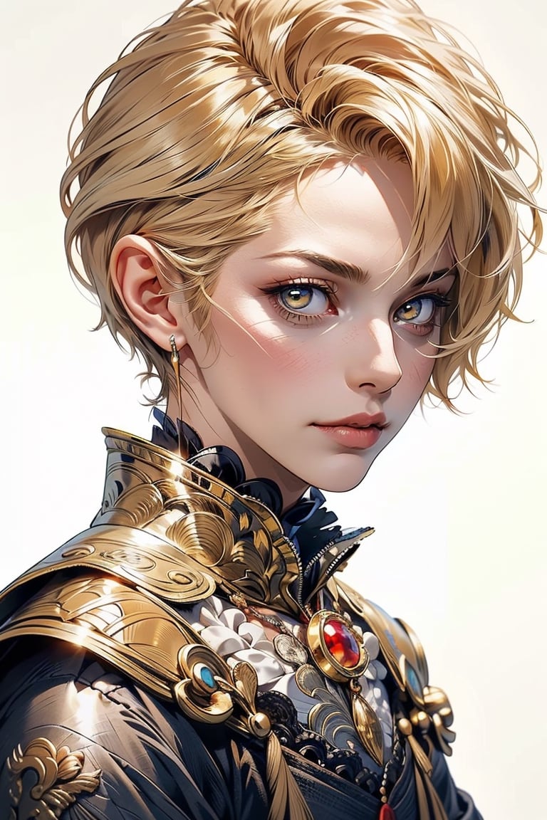 1 cool, handsome man with sharp eyes, ((blank background)), head and shoulders portrait, short hair, blonde hair, shining golden eyes, warrior, large forehead,2b